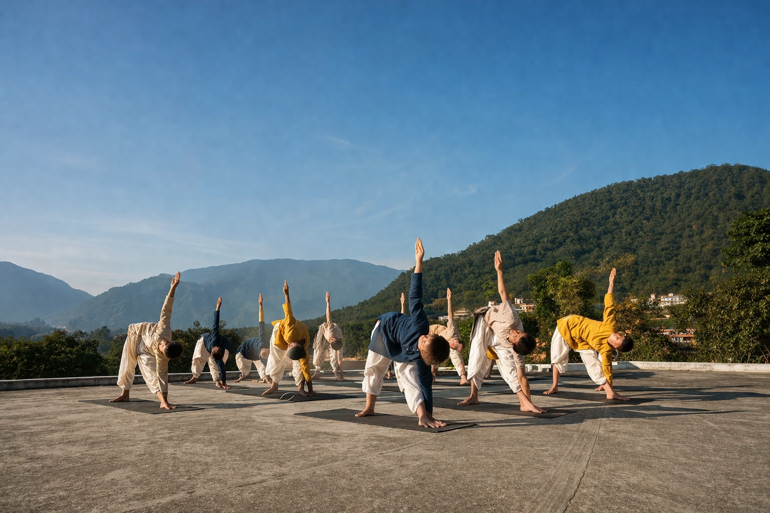Group yoga retreat in the mountains